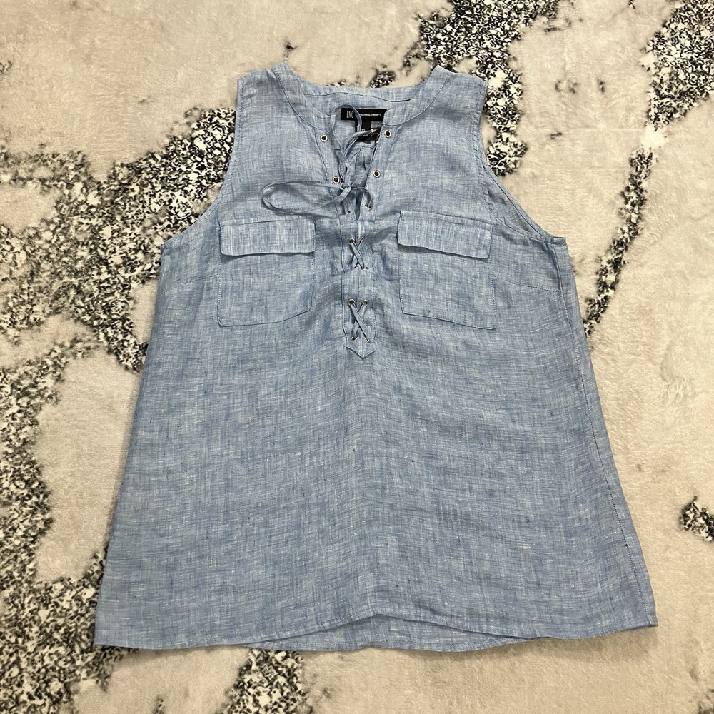 INC International Concepts Linen Lace Up Tank Top Women' 10 Blue Utility